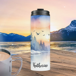 Watercolor Winter Lake Birds Sunrise Personalized Thermal Tumbler