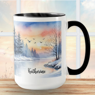 Watercolor Winter Lake Sunrise Personalized Name Mug