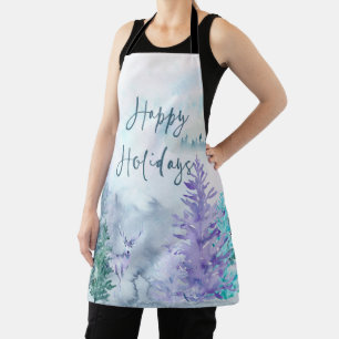 Watercolor Winter Landscape Happy Holidays Apron