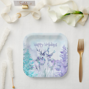 Watercolor Winter Landscape Happy Holidays Paper Plate