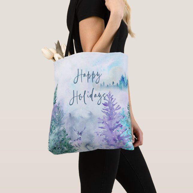 Watercolor Winter Landscape Happy Holidays Tote Bag (Close Up)