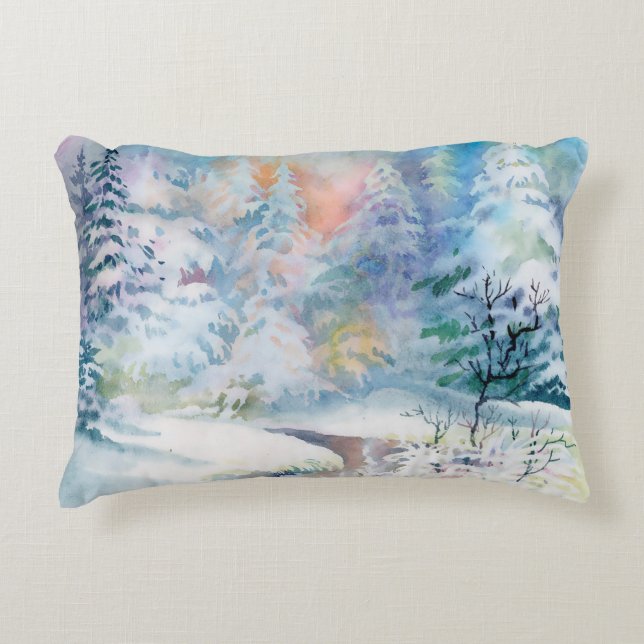 Watercolor winter landscape illustration accent pillow (Front)