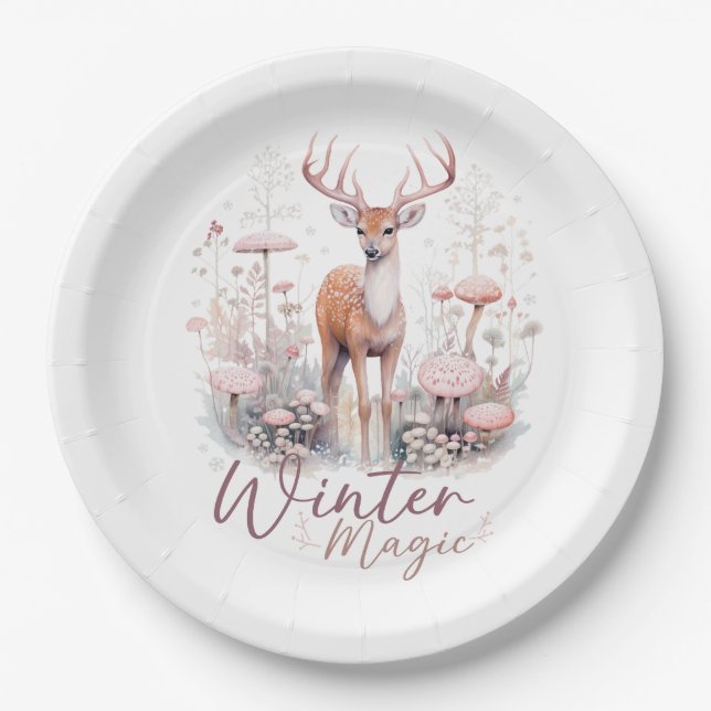 Watercolor Winter Magic Deer  Paper Plate (Front)