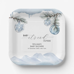 Watercolor Winter Mountain Snowflake Baby Shower Paper Plate