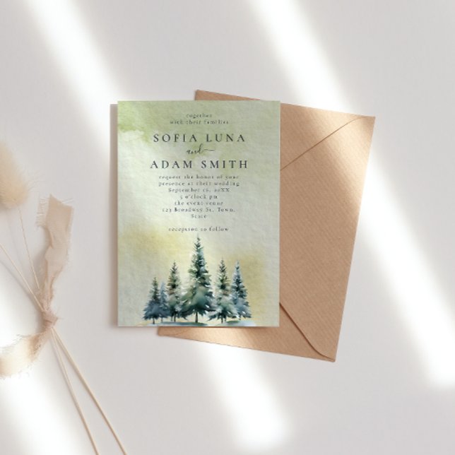 Watercolor Winter Mountain Trees Wedding Invitation (Creator Uploaded)