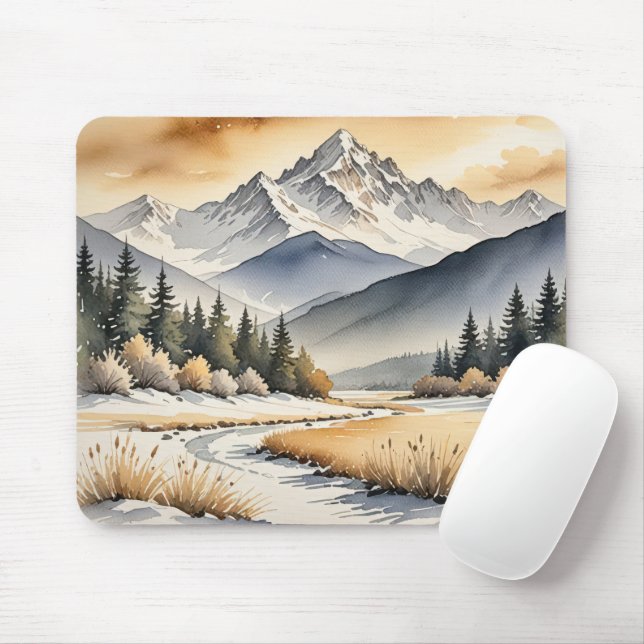 Watercolor Winter Mountain Valley Mouse Pad (With Mouse)