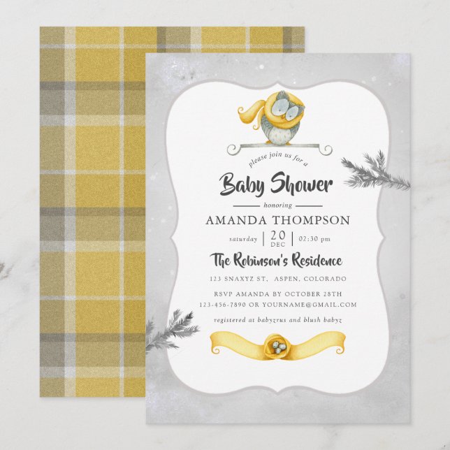 Watercolor Winter Owl Christmas Baby Shower Invitation (Front/Back)