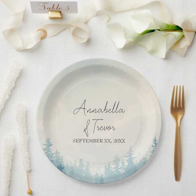 Watercolor Winter Pine Forest Custom Name Paper Plate (Wedding)