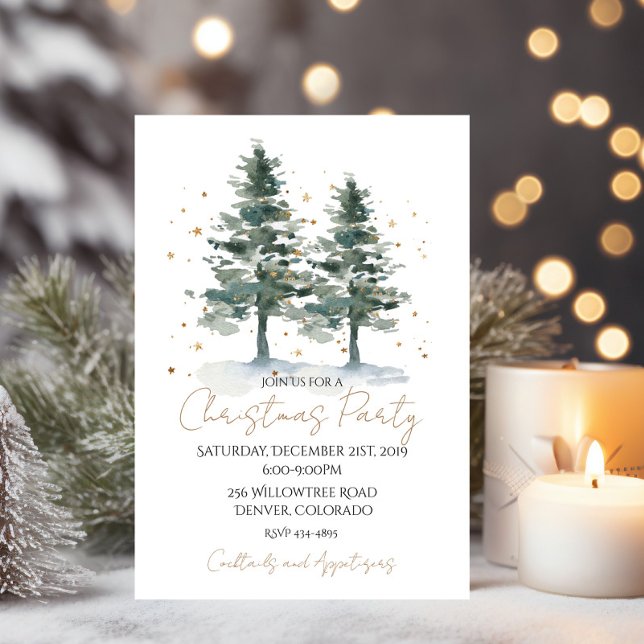 Watercolor Winter Pine Gold Christmas Invitation (Creator Uploaded)