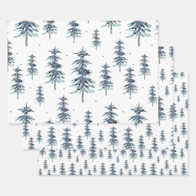 Watercolor Winter Pine Tree Pattern  Wrapping Paper Sheet (Set)