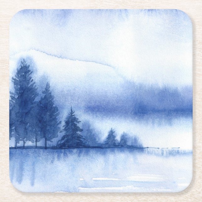 Watercolor Winter Pine Trees on Reusable Square Paper Coaster (Front)