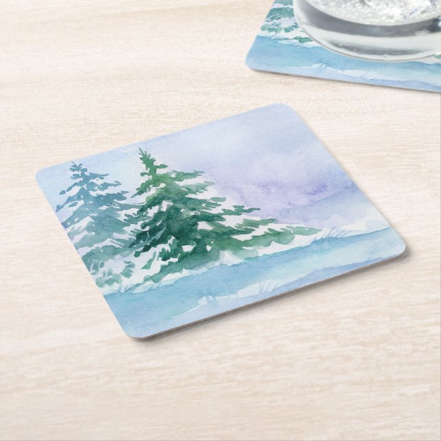 Watercolor Winter Pine Trees Reusable Square Paper Coaster (Angled)