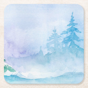 Watercolor Winter Pine Trees Reusable Square Paper Coaster