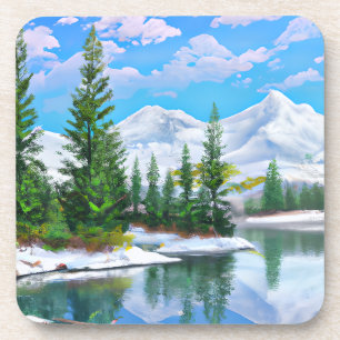 Watercolor Winter Pine Trees Snowy Mountain Coaster