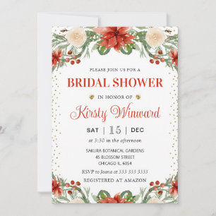 Watercolor Winter Poinsettia Floral Bridal Shower Invitation