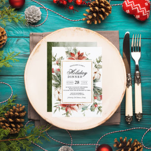 Watercolor Winter Poinsettia & Green Pine Tree Invitation