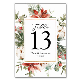 Watercolor Winter Poinsettia & Green Pine Tree Table Number