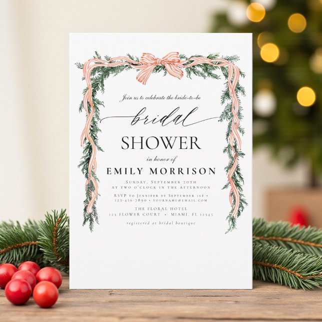 Watercolor Winter Red Bow Christmas Bridal Shower Invitation (Creator Uploaded)