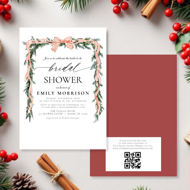 Watercolor Winter Red Bow QR Code Bridal Shower Invitation (Creator Uploaded)