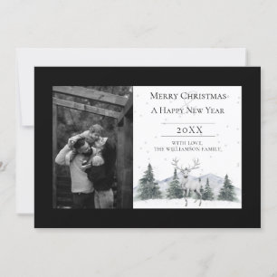 Watercolor Winter Reindeer Black Photo Holiday Card