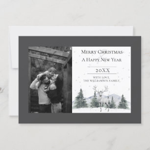 Watercolor Winter Reindeer   Charcoal Grey Photo Holiday Card