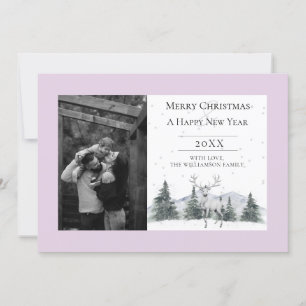 Watercolor Winter Reindeer Pink Photo Holiday Card
