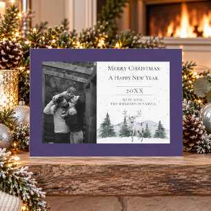 Watercolor Winter Reindeer Purple Photo Holiday Card