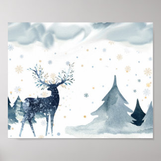 Watercolor Winter Reindeer Scene Poster