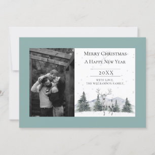 Watercolor Winter Reindeer Teal Photo Holiday Card