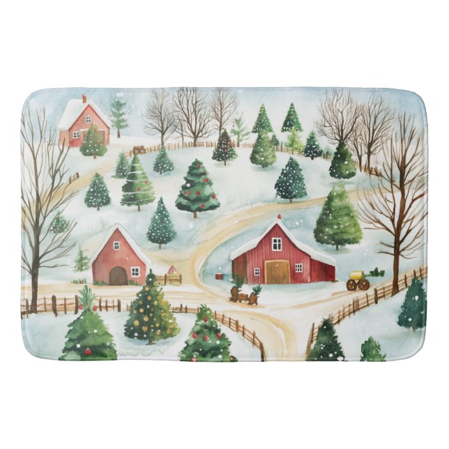 Watercolor Winter Rustic Landscape with Fir Trees Bath Mat (Front)