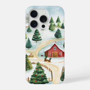 Watercolor Winter Rustic Landscape with Fir Trees iPhone 15 Pro Case