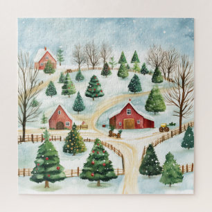 Watercolor Winter Rustic Landscape with Fir Trees Jigsaw Puzzle
