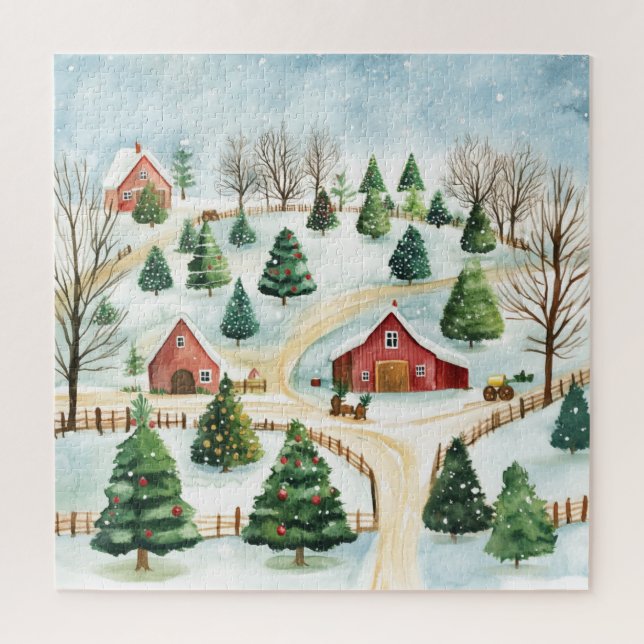 Watercolor Winter Rustic Landscape with Fir Trees Jigsaw Puzzle (Vertical)