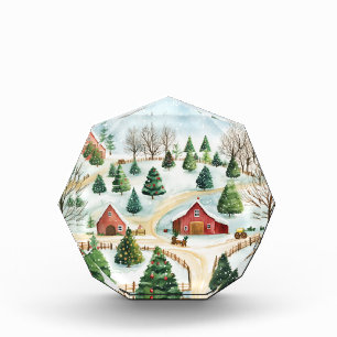 Watercolor Winter Rustic Landscape with Fir Trees Photo Block