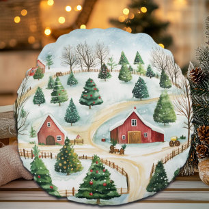 Watercolor Winter Rustic Landscape with Fir Trees Round Pillow