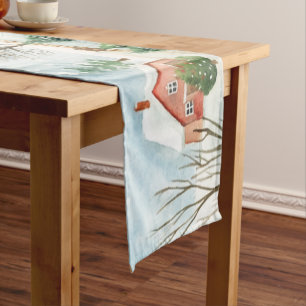 Watercolor Winter Rustic Landscape with Fir Trees Short Table Runner