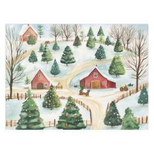Watercolor Winter Rustic Landscape with Fir Trees Tablecloth