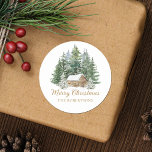 Watercolor Winter Rustic Woodland Cabin Christmas Classic Round Sticker<br><div class="desc">These rustic personalized Merry Christmas stickers feature a cozy winter scene with a cabin nestled in the snowy pine forest. Please visit the collection for matching products,  or contact me through Zazzle Chat for design tweaks or more matching products.</div>