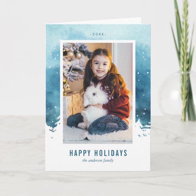 Watercolor Winter Scene Christmas Photo Holiday Card (Front)