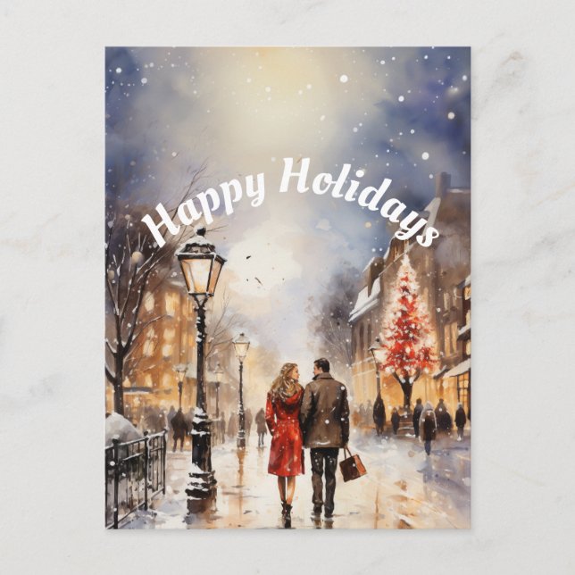 Watercolor Winter Scene Happy Holidays Postcard (Front)