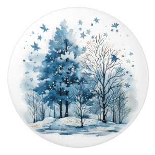 Watercolor winter scene in the forest ceramic knob