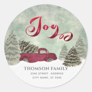 Watercolor Winter scene red truck Joy Holiday Clas Classic Round Sticker