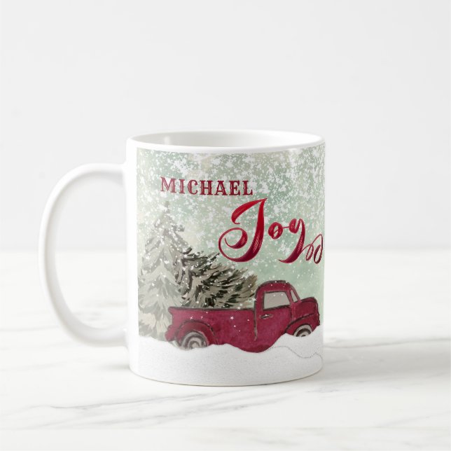 Watercolor Winter scene red truck Joy Holiday  Coffee Mug (Left)
