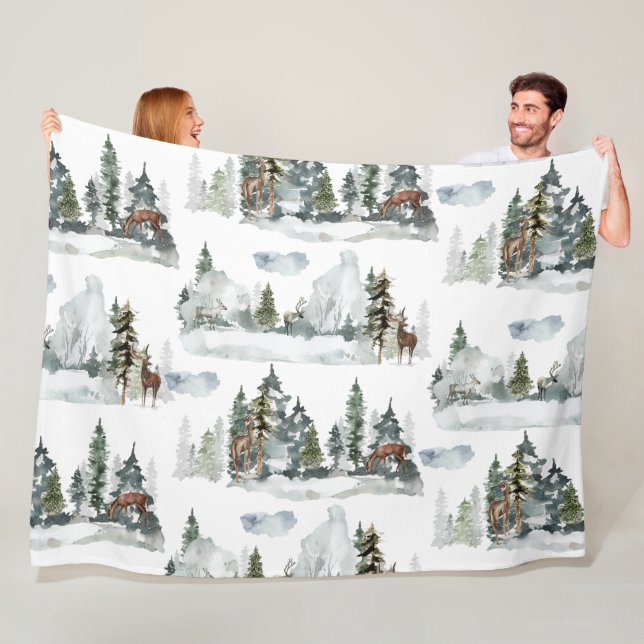 Watercolor Winter Scene Woodland Forest Reindeer  Fleece Blanket (In Situ)
