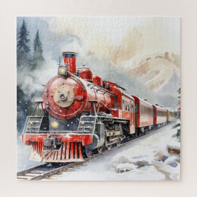 Watercolor Winter Scenery Christmas Train Jigsaw Puzzle (Vertical)