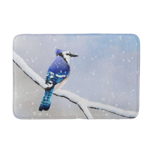 Watercolor Winter Snow Bird Blue Jay Bath Mat