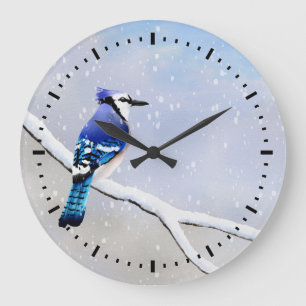 Watercolor Winter Snow Bird Blue Jay Large Clock