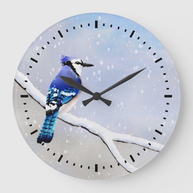Watercolor Winter Snow Bird Blue Jay Large Clock (Front)