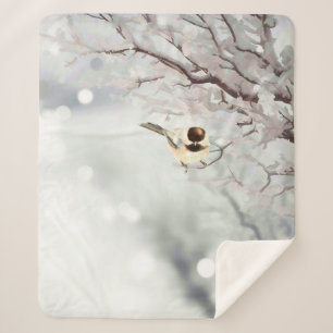 Watercolor Winter Snow Frost Chickadee Bird  Sherpa Blanket