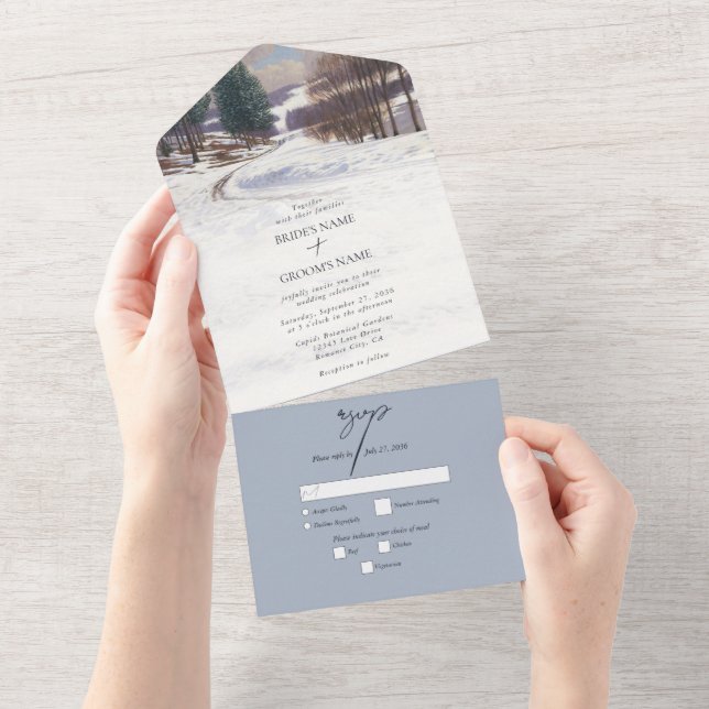 Watercolor Winter Snow Landscape Wedding All In One Invitation (Tearaway)